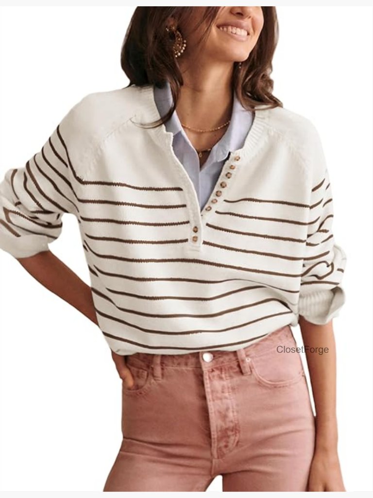 Women's Color Block Striped Button Up Crewneck Sweater Pullover Ribbed Knit Top